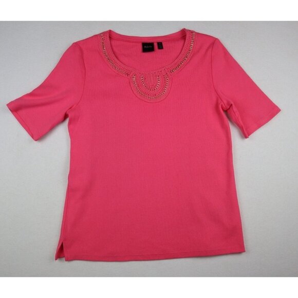 WOMEN'S PINK SHORT SLEEVE SHIRT - RAFAELLA - CHAIN NECK - KNIT - SIZE M - Picture 3 of 7